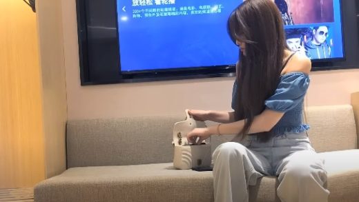 Long-legged China girl licking milk